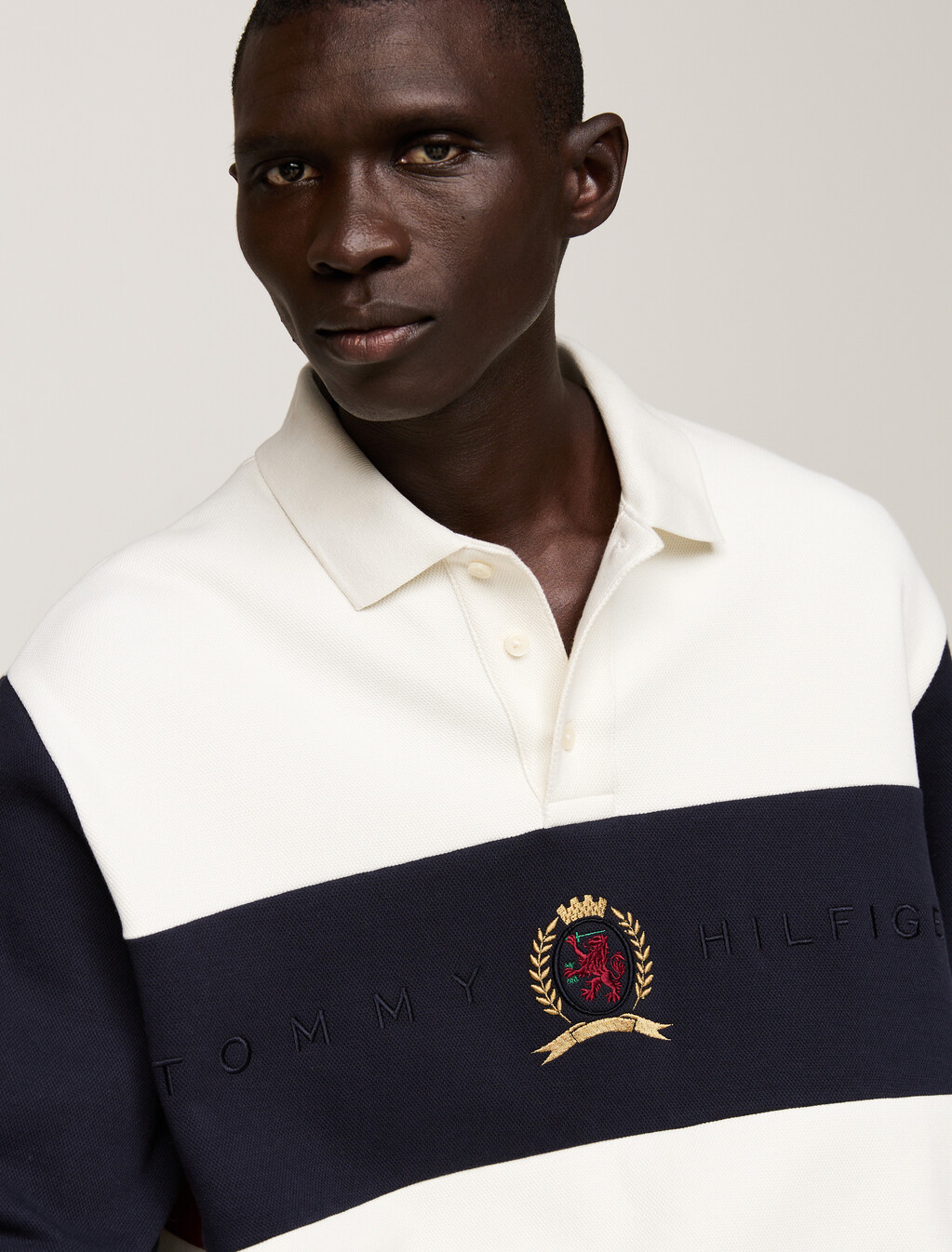 Crest Long Sleeve Boxy Polo Shirt, Ivory/Desert Sky/Regatta Red, hi-res