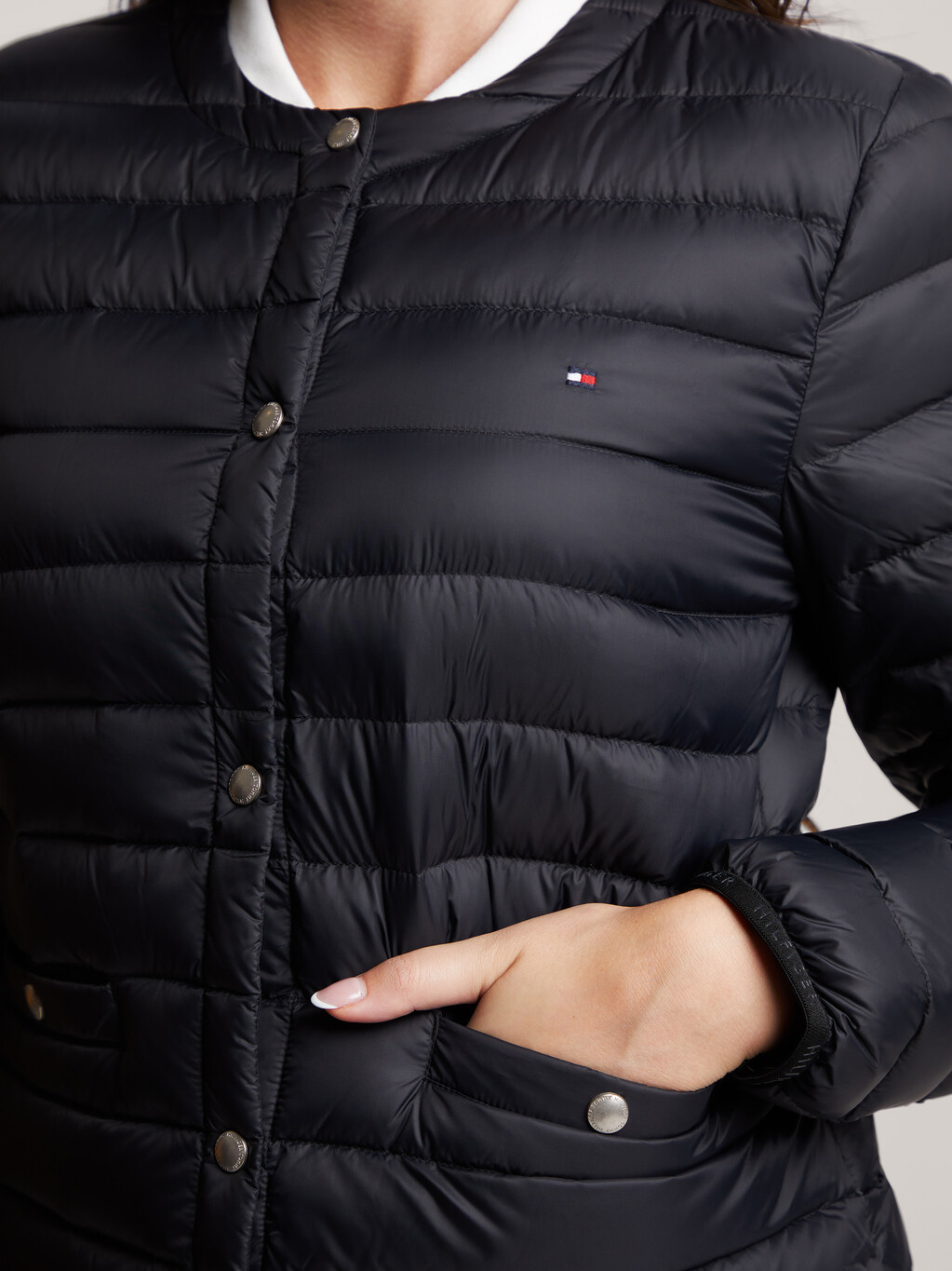 Lightweight Quilted Down Collarless Jacket, Black, hi-res