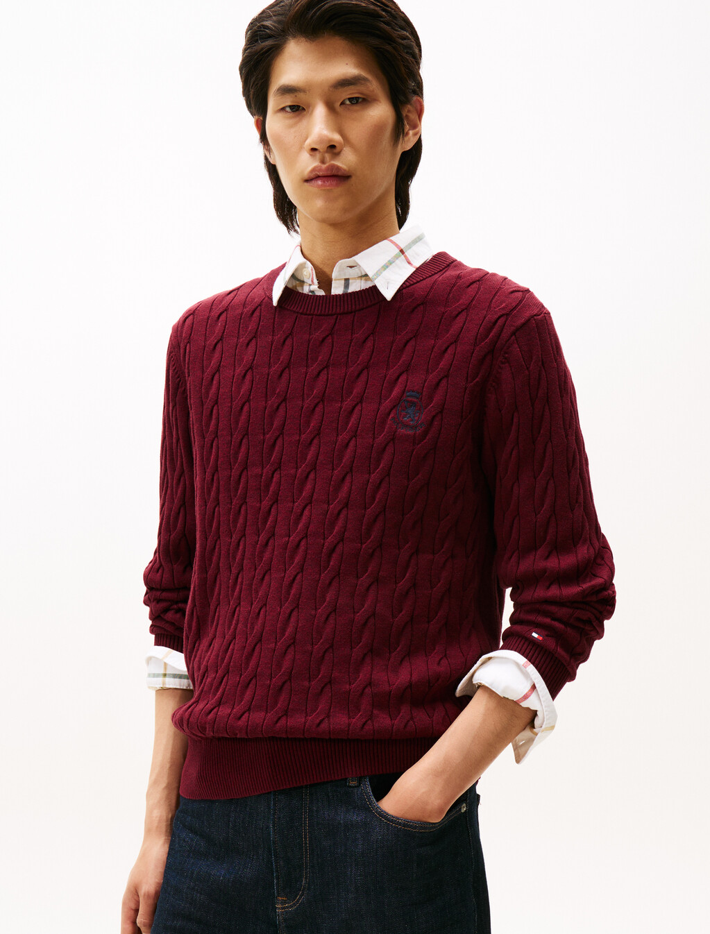Cable Knit Crest Sweater, Deep Burgundy Heather, hi-res