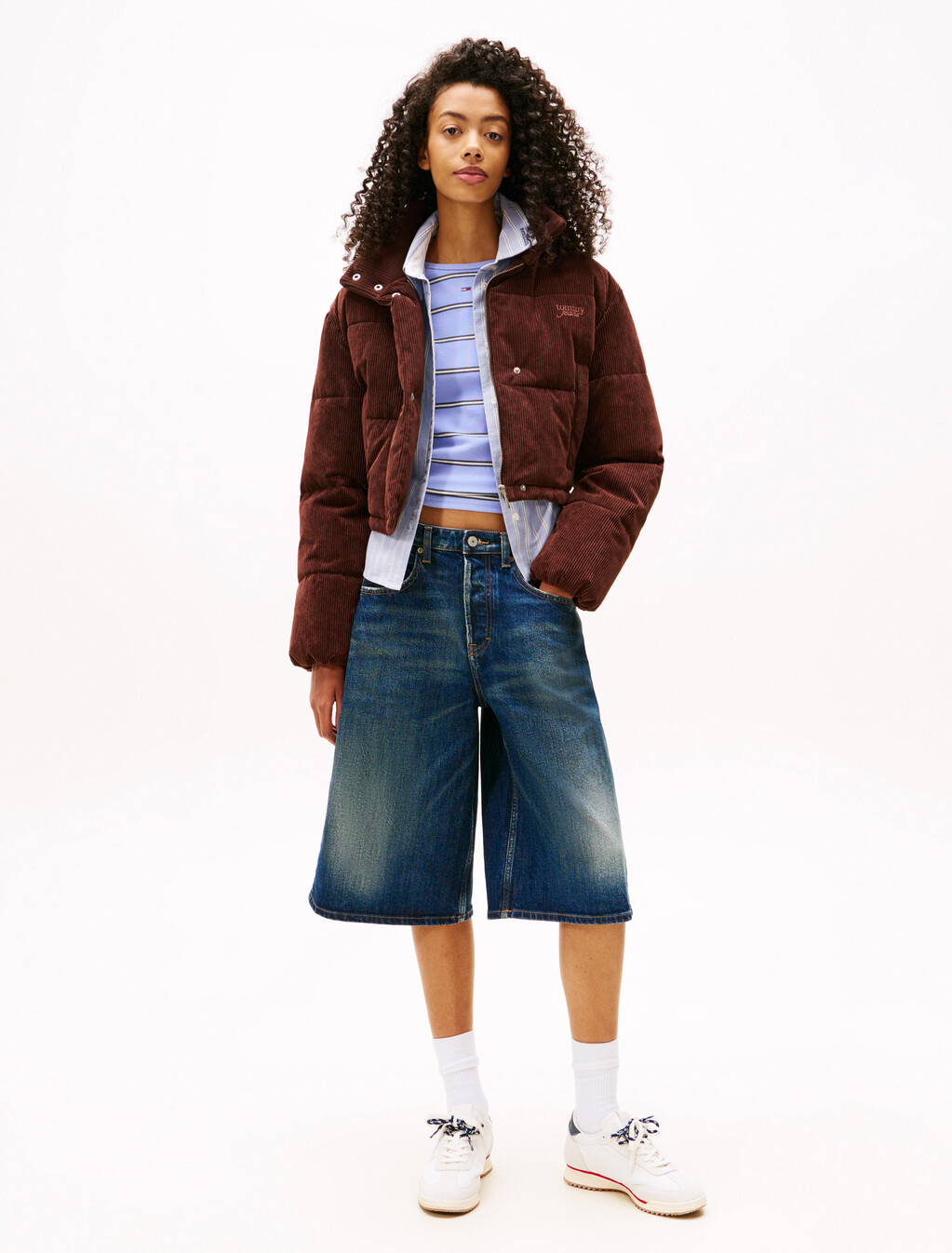 標誌刺繡寬版燈芯絨羽絨外套, Rich Brown, hi-res