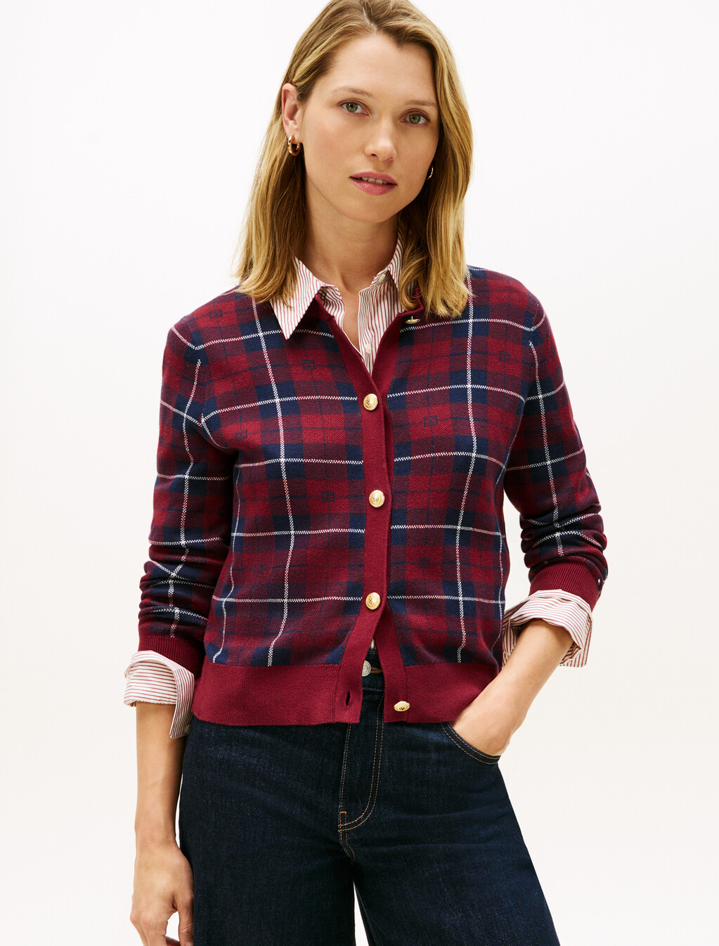 Tartan Flag Jacquard Crewneck Cardigan, Flag Tartan, hi-res