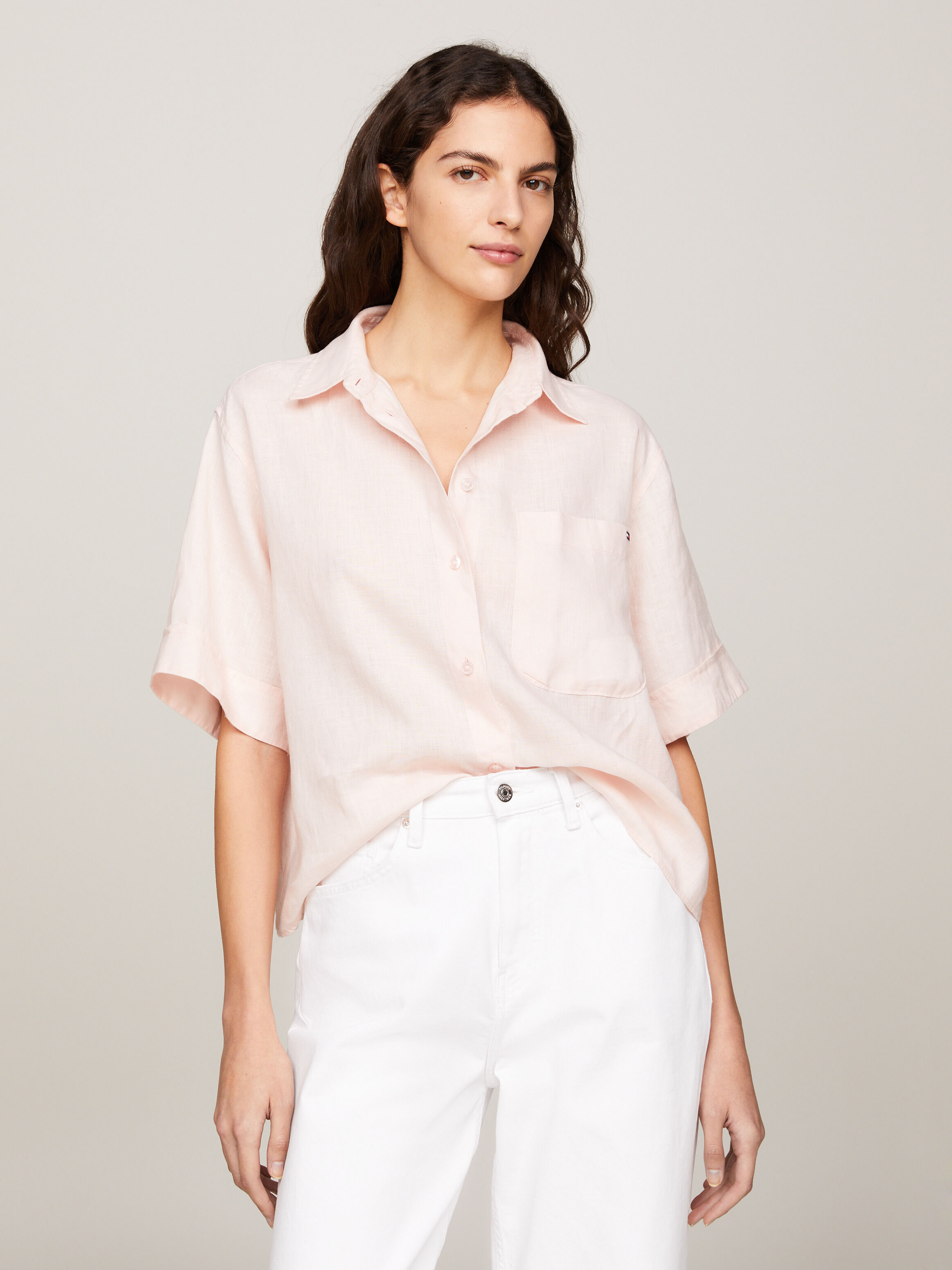 亞麻寬鬆短袖襯衫 Whimsy Pink