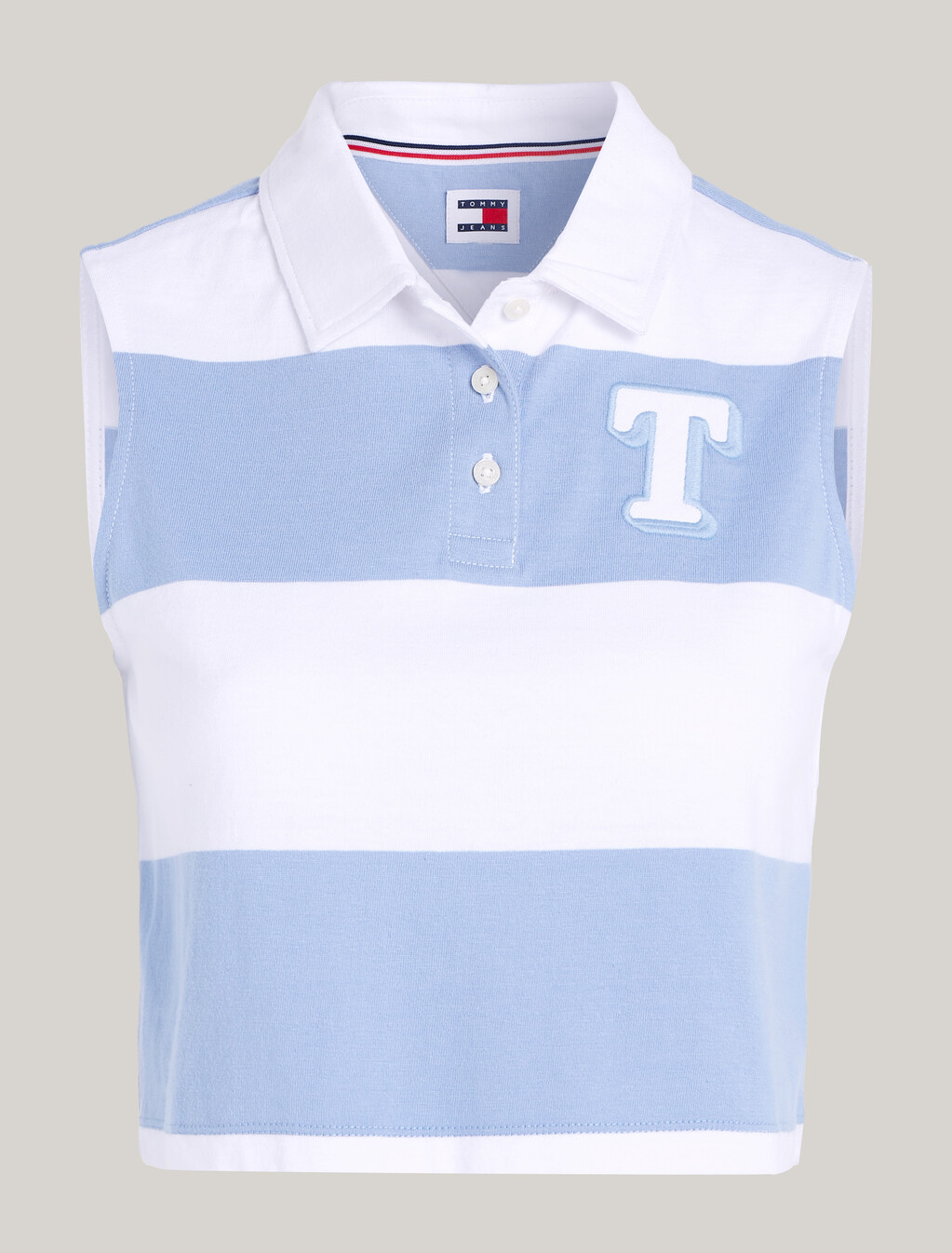 Stripe Sleeveless Cropped Letterman Polo, Moderate Blue / Stripe, hi-res