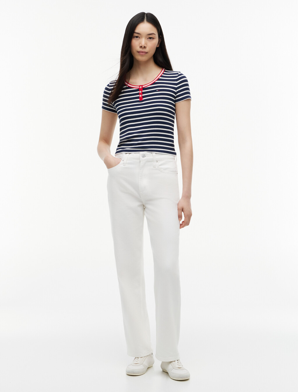 修身亨利領 T 恤, Navy / Stripe, hi-res