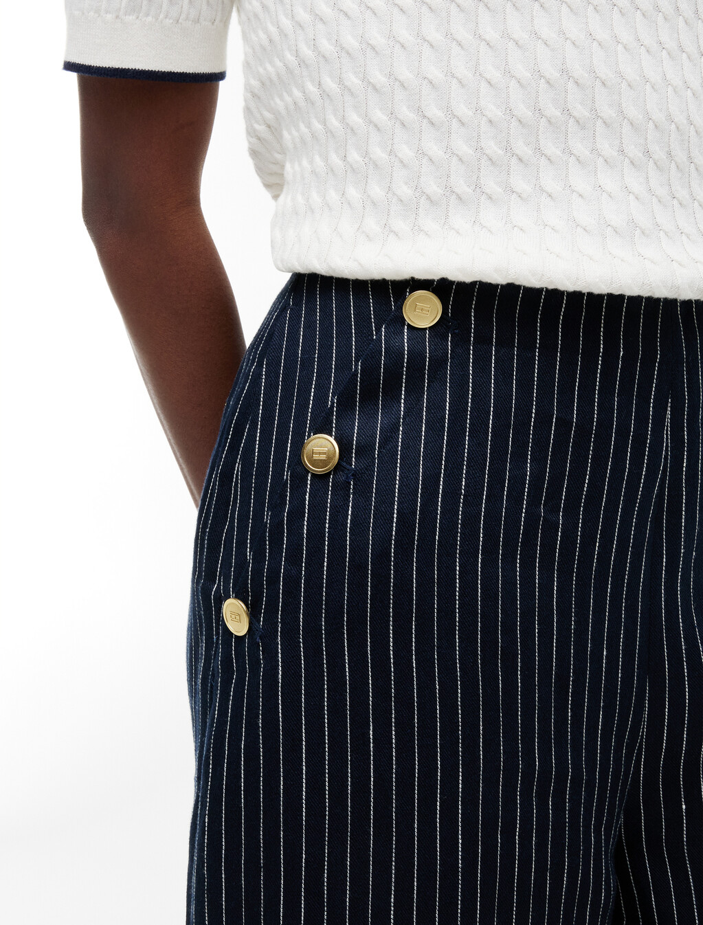 細條紋金色鈕扣寬筒亞麻混紡長褲, Pin Stripe Navy, hi-res