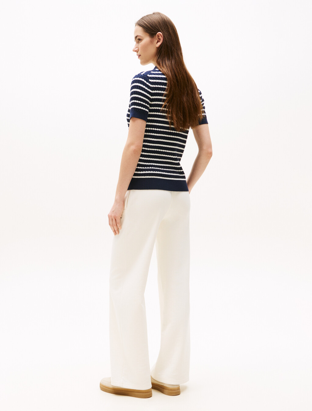 Cable Knit Polo Short Sleeve Jumper, Dark Night Navy/Ivory Silk Stp, hi-res
