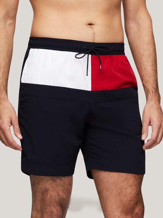 Color Block Drawstring Long Swim Trunks