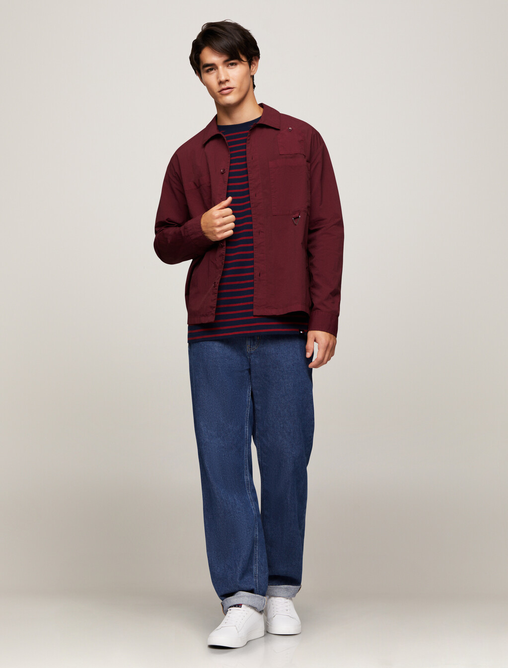 Breton Stripe Organic Cotton Long Sleeve T-Shirt, Regatta Red / Drk Night Navy Stripe, hi-res