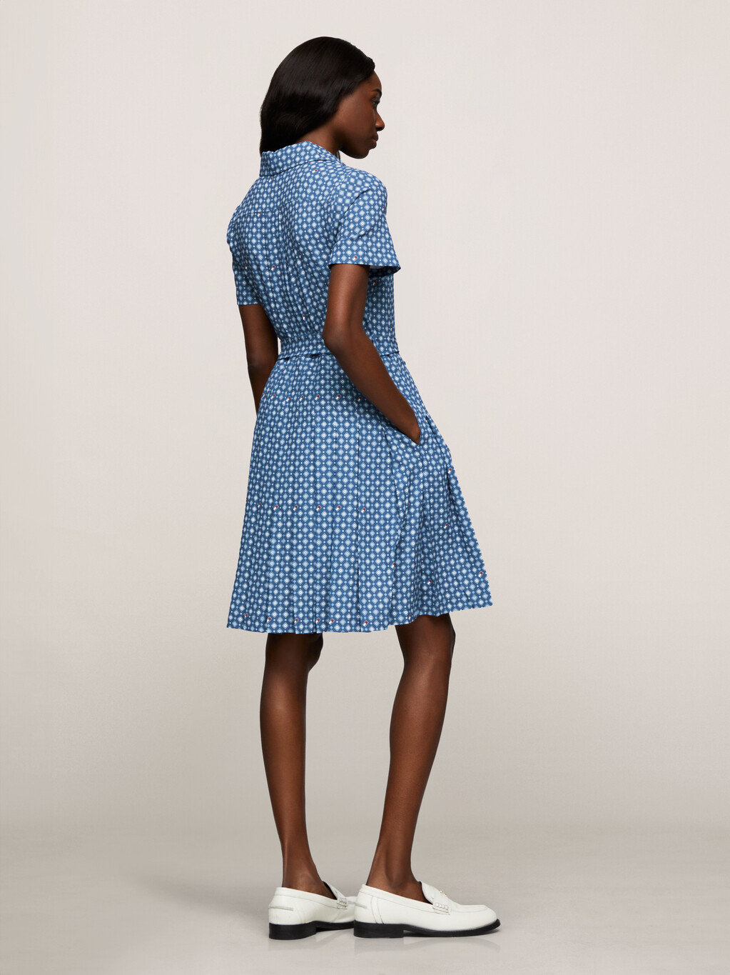 Foulard Pleat Shirt Dress, Heritage Foulard/ Fossil Blue, hi-res