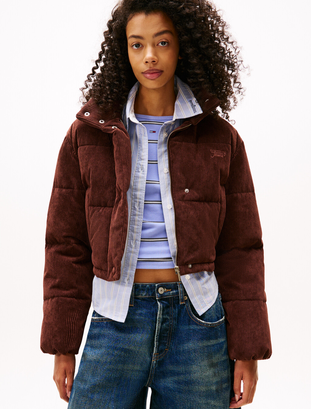 標誌刺繡寬版燈芯絨羽絨外套, Rich Brown, hi-res