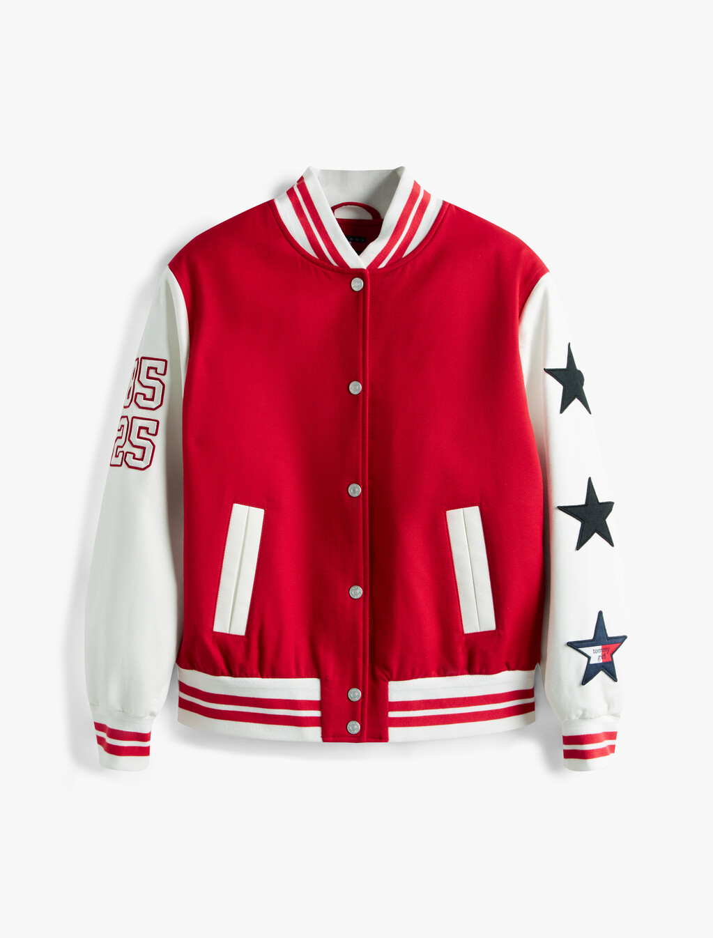 Tommy Girl 後背標誌超寬鬆棒球外套, Primary Red / Ecru, hi-res