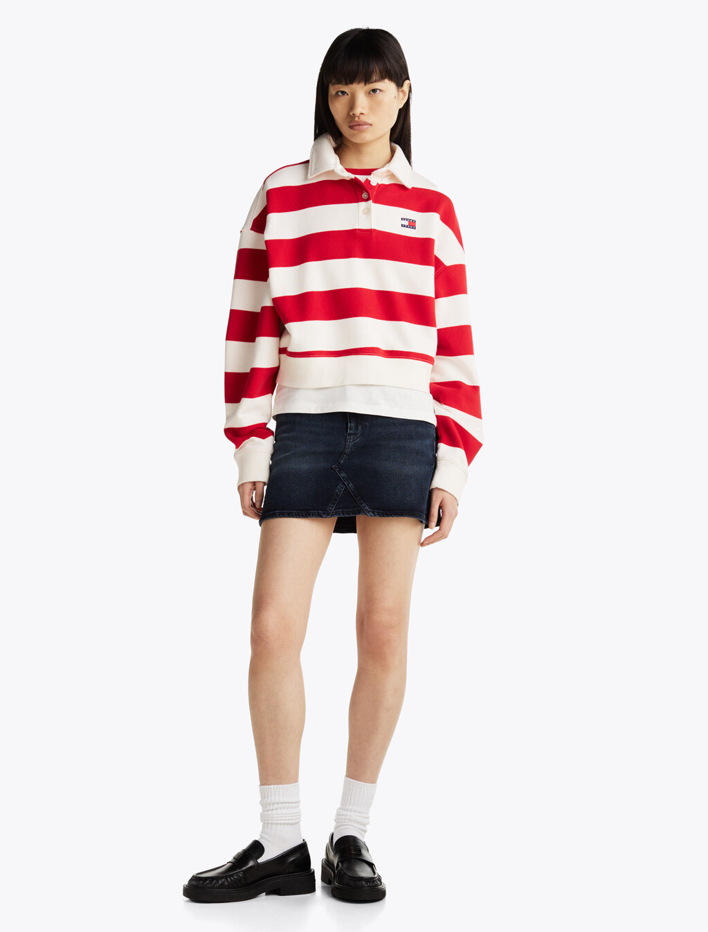 Boxy Fit Polo Collar Sweatshirt, Ancient White/Red Stripe, hi-res
