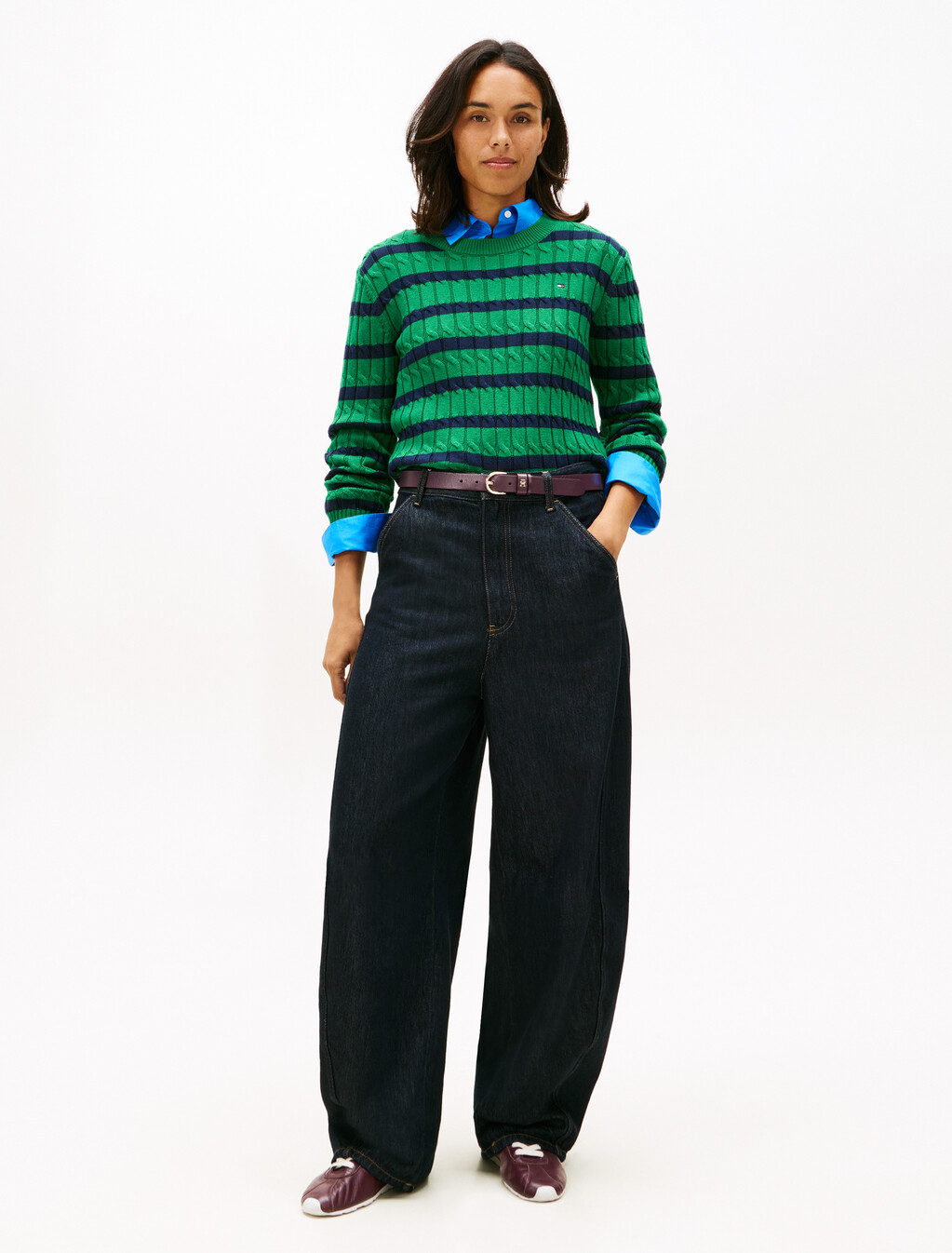 絞花針織圓領上衣, Nouveau Green/Navy Breton Stp, hi-res