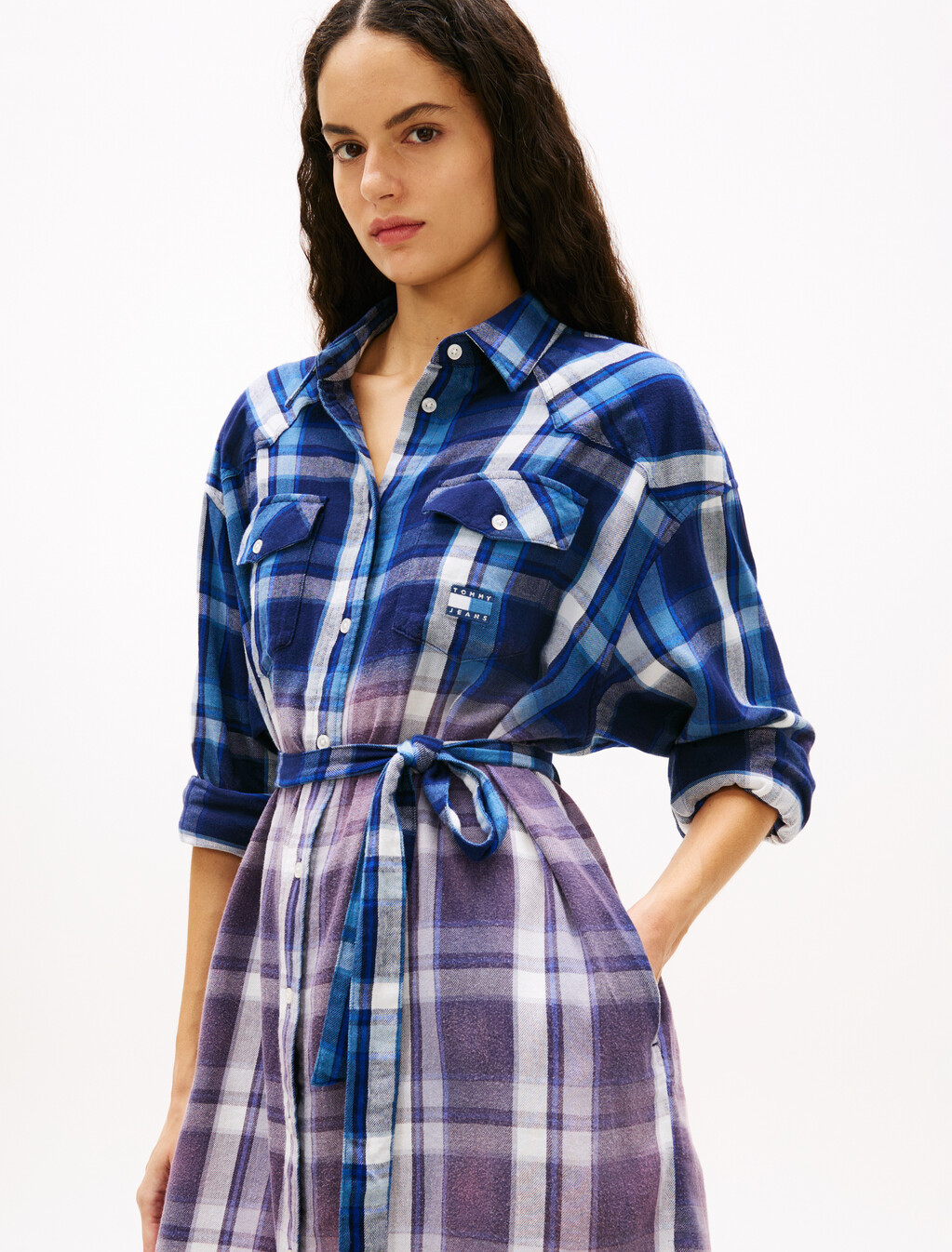 Flannel Check Belted Mini Shirt Dress, Blue Check, hi-res