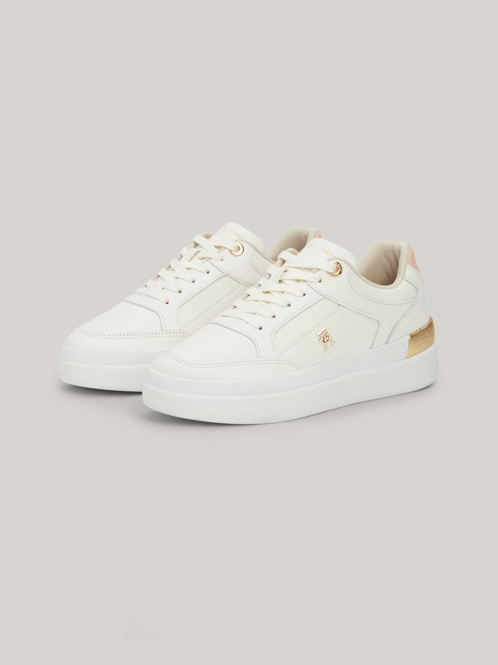 TH Monogram Metallic Leather Court Trainers, Ancient White, hi-res