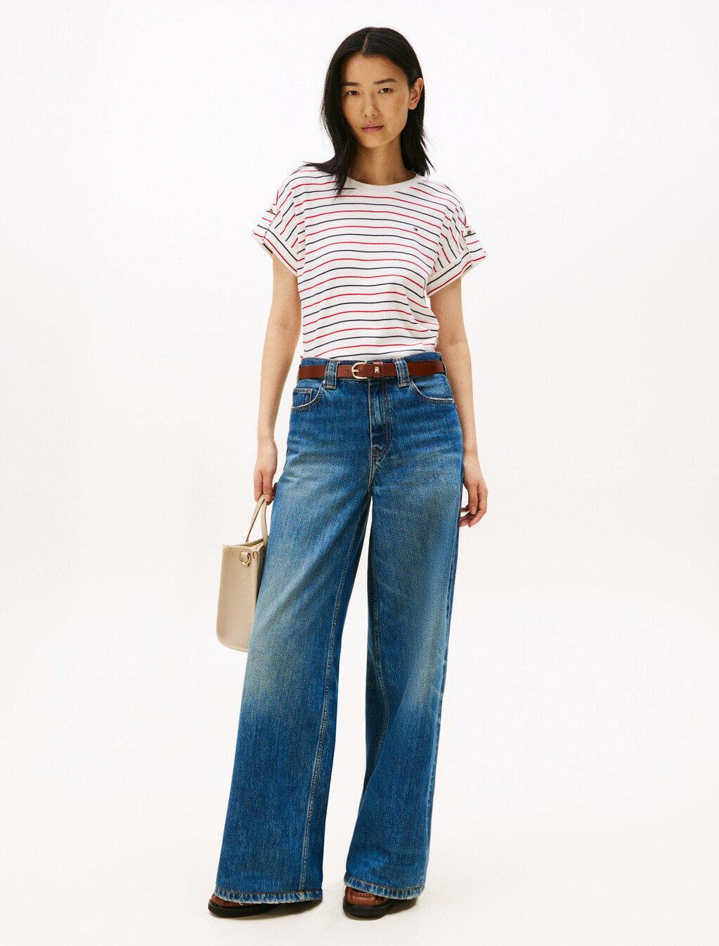 捲邊衣袖 T 恤, Multi Stripe Ivory/Red/Navy, hi-res
