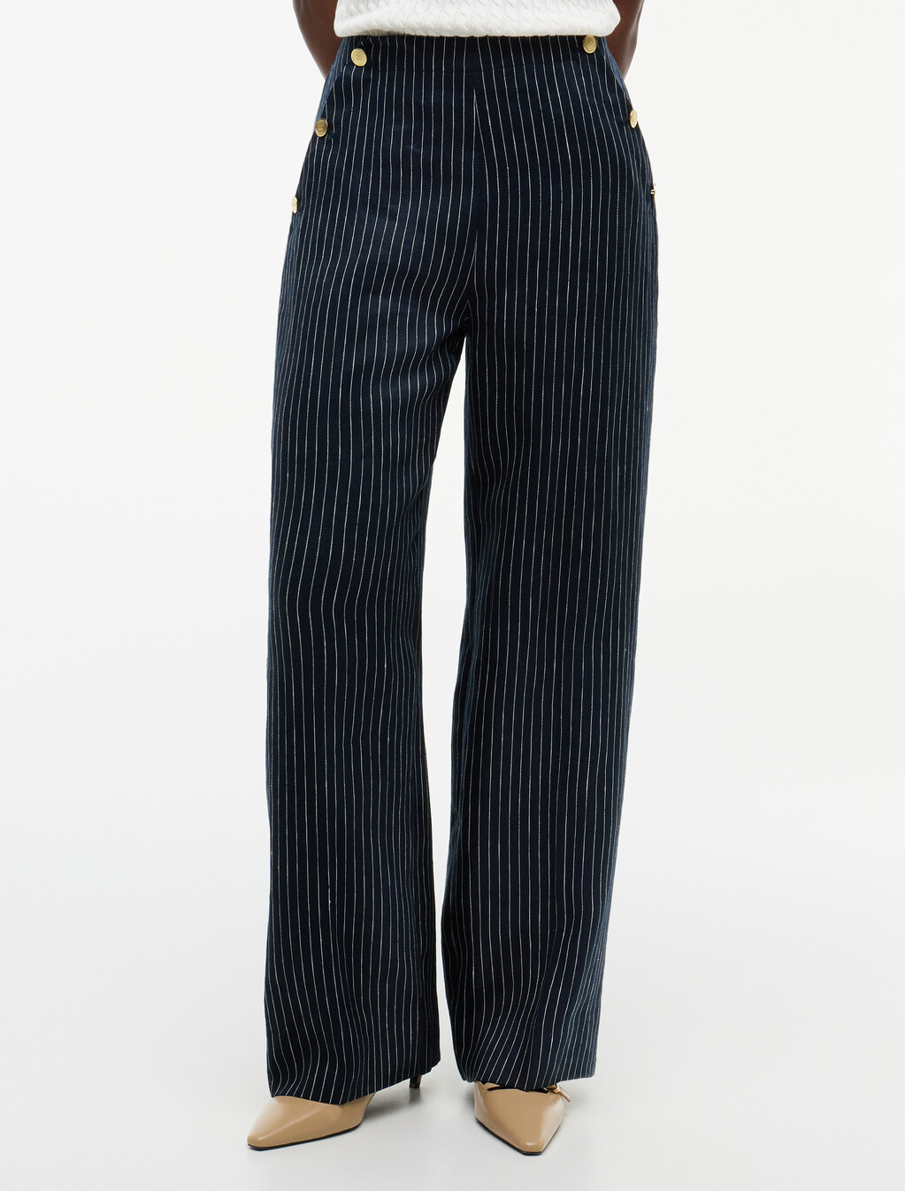 細條紋金色鈕扣寬筒亞麻混紡長褲, Pin Stripe Navy, hi-res