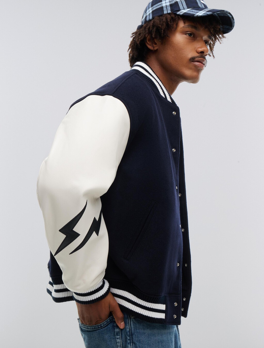 Tommy Hilfiger x FRGMT Pebble Grain Leather Varsity Jacket, Navy Blue / Ecru, hi-res
