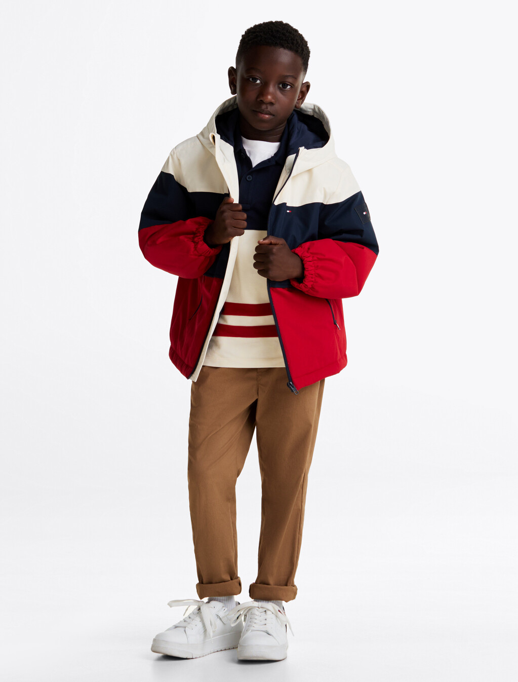 拼色鋪棉連帽外套, Dark Night Navy Calico Medium Red, hi-res