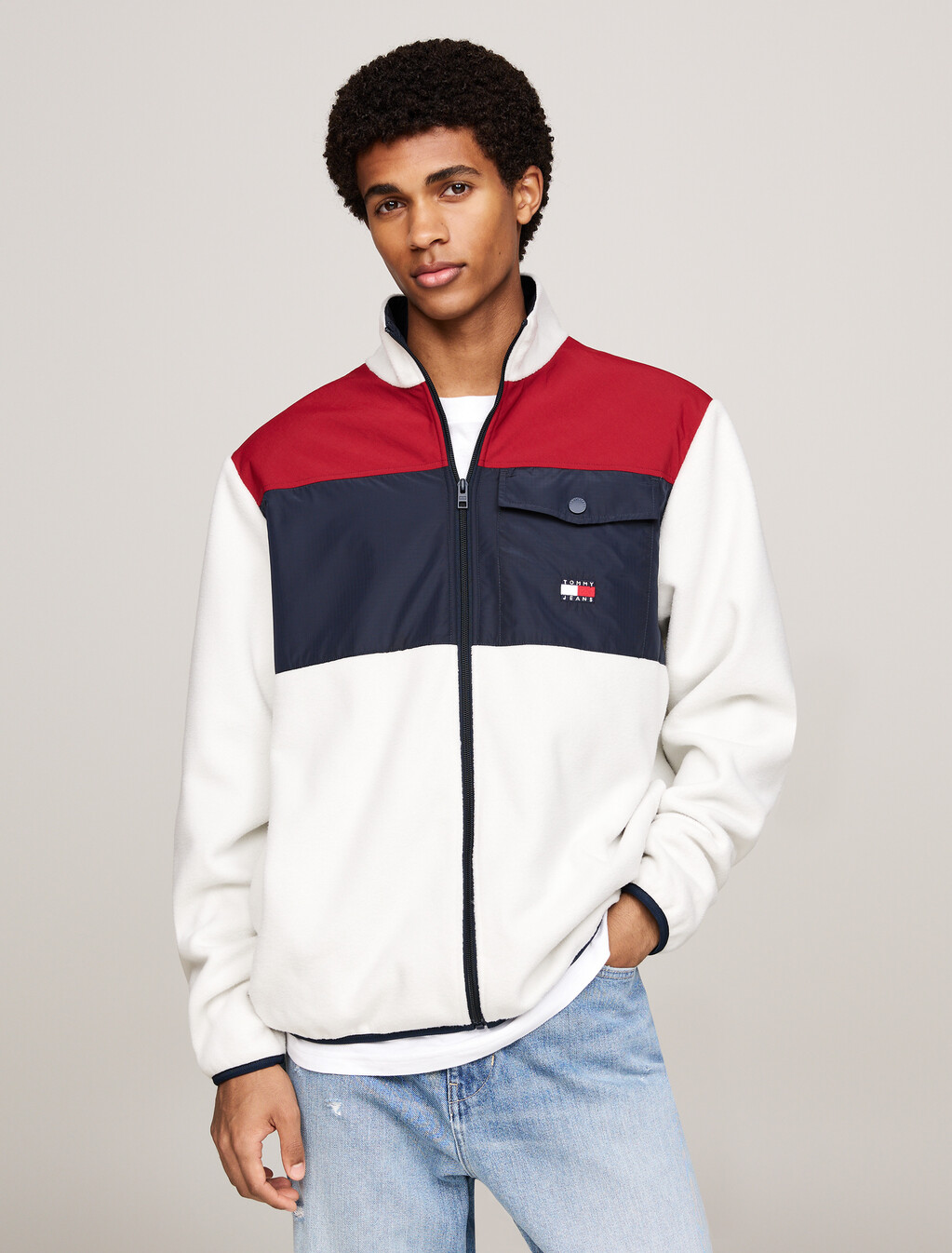 Colour-Blocked Fleece Relaxed Sweatshirt, Regatta Red / Dark Night Navy, hi-res
