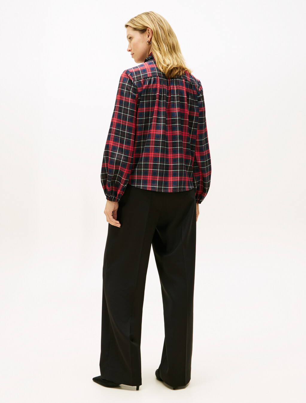 格紋縐紗蝴蝶結領襯衫, Dark Tartan Dark Night Navy, hi-res