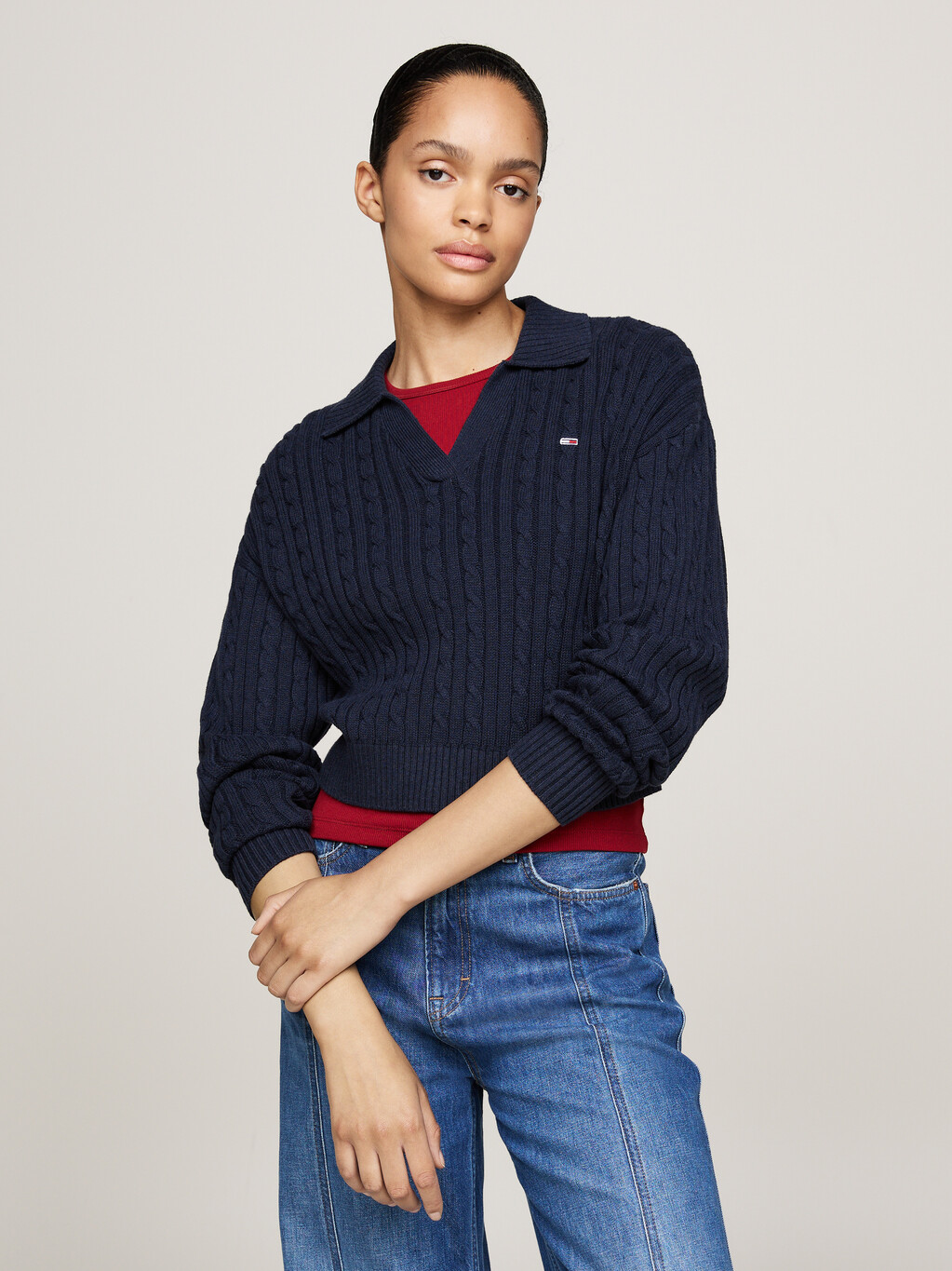 Rugby Collar Cable Knit Boxy Jumper, Dark Night Navy Melange, hi-res