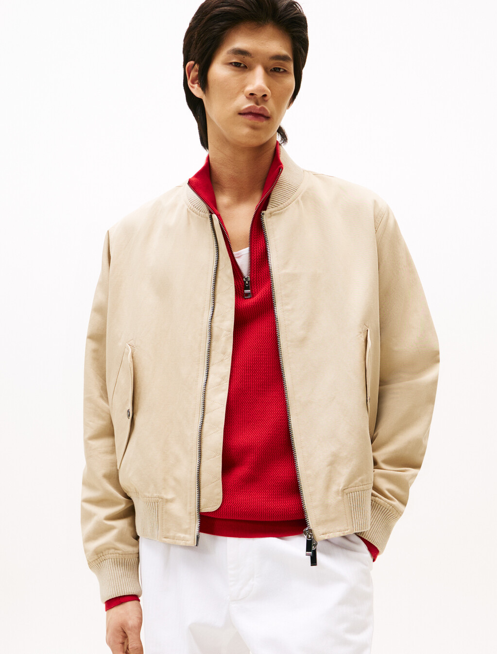 Smart Casual Linen Blend Bomber Jacket, Sandalwood, hi-res