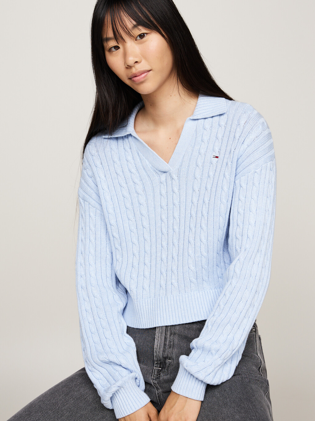 Rugby Collar Cable Knit Boxy Jumper, Vessel Blue Melange, hi-res