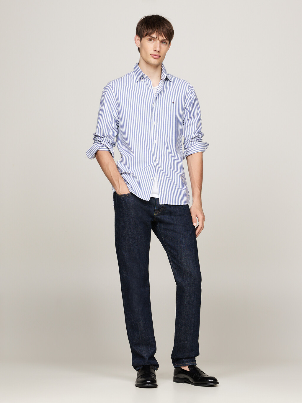 TH Flex Stripe Poplin Slim Shirt, Mid Blue / Optic White, hi-res