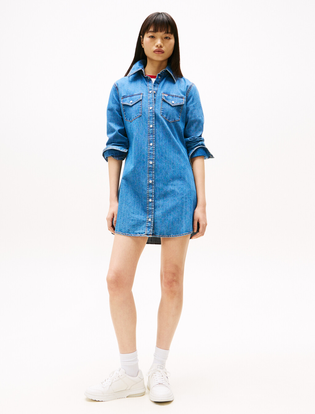 牛仔迷你襯衫洋裝, Denim Medium, hi-res