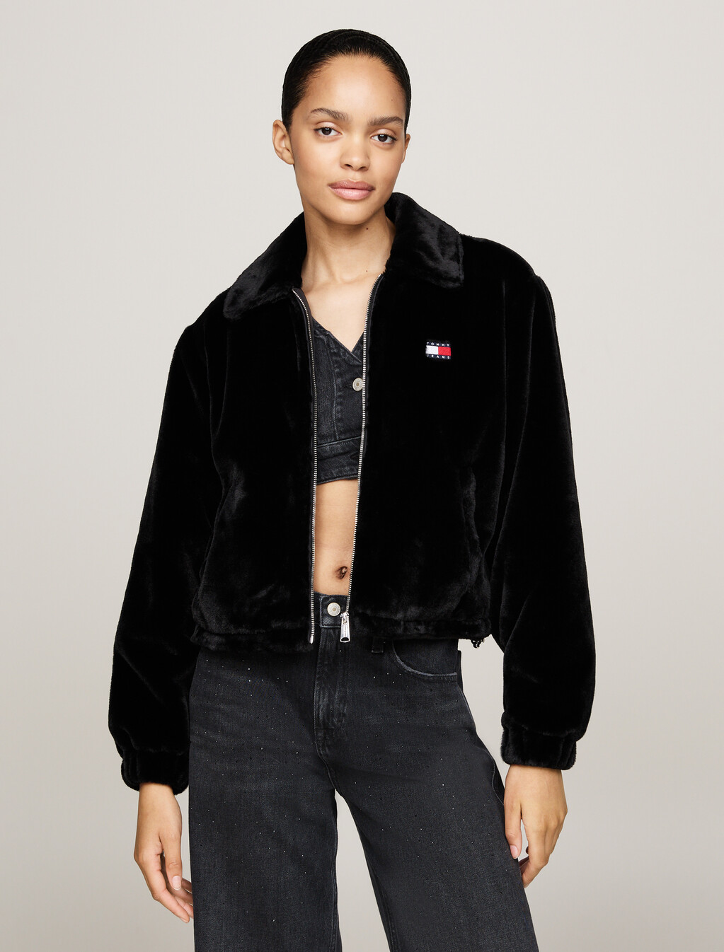 Faux Fur Zip-Thru Cropped Jacket, Black, hi-res