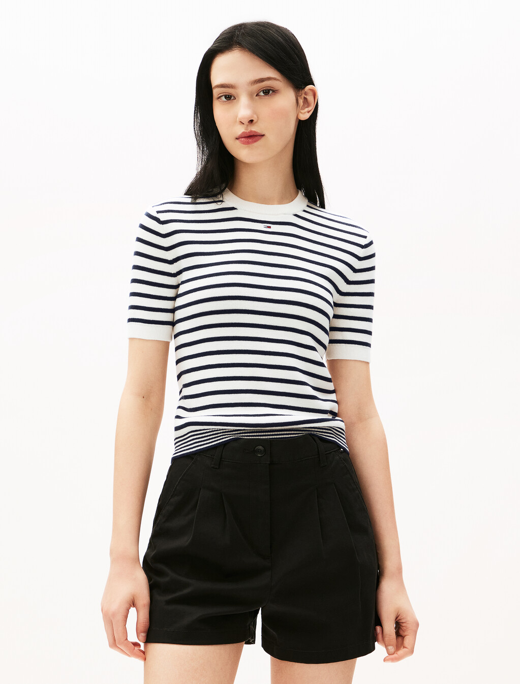 基本款條紋短袖毛衣, White/Navy Stripe, hi-res