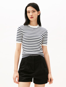 Essential Stripe Short Sleeve Sweater, White/Navy Stripe, hi-res