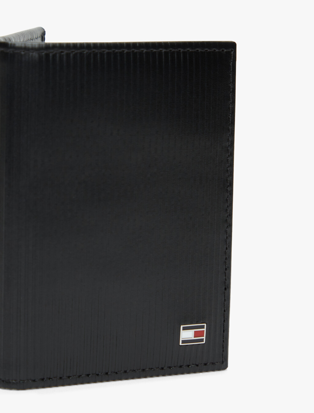 Hilfiger 旗幟羅紋皮革票卡短夾, Black, hi-res