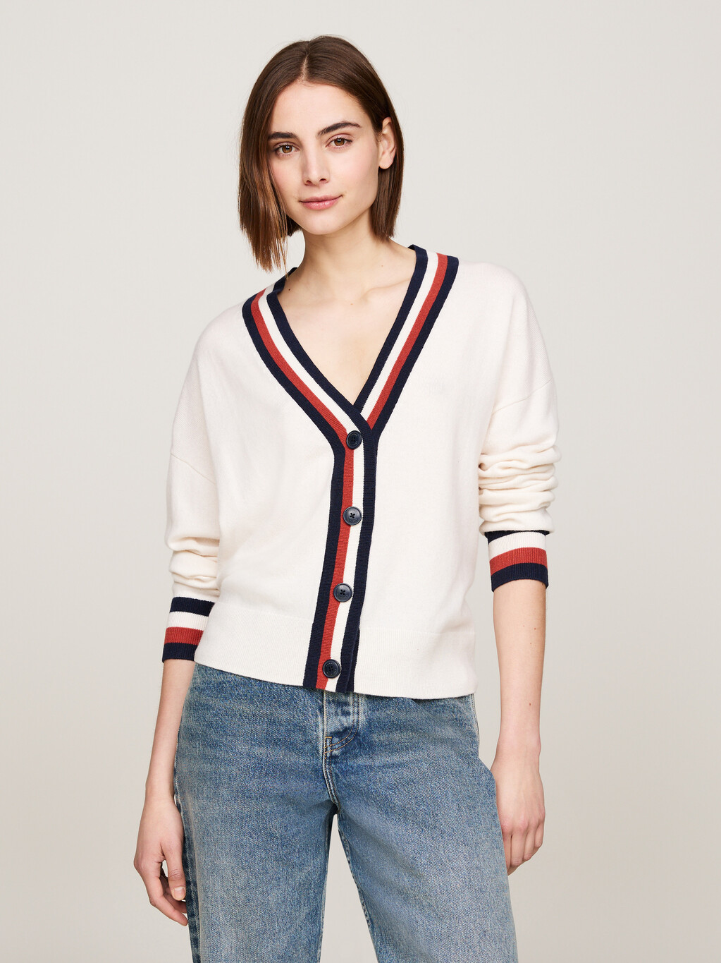 Global Stripe Wool Cashmere Cardigan, Ivory Petal, hi-res