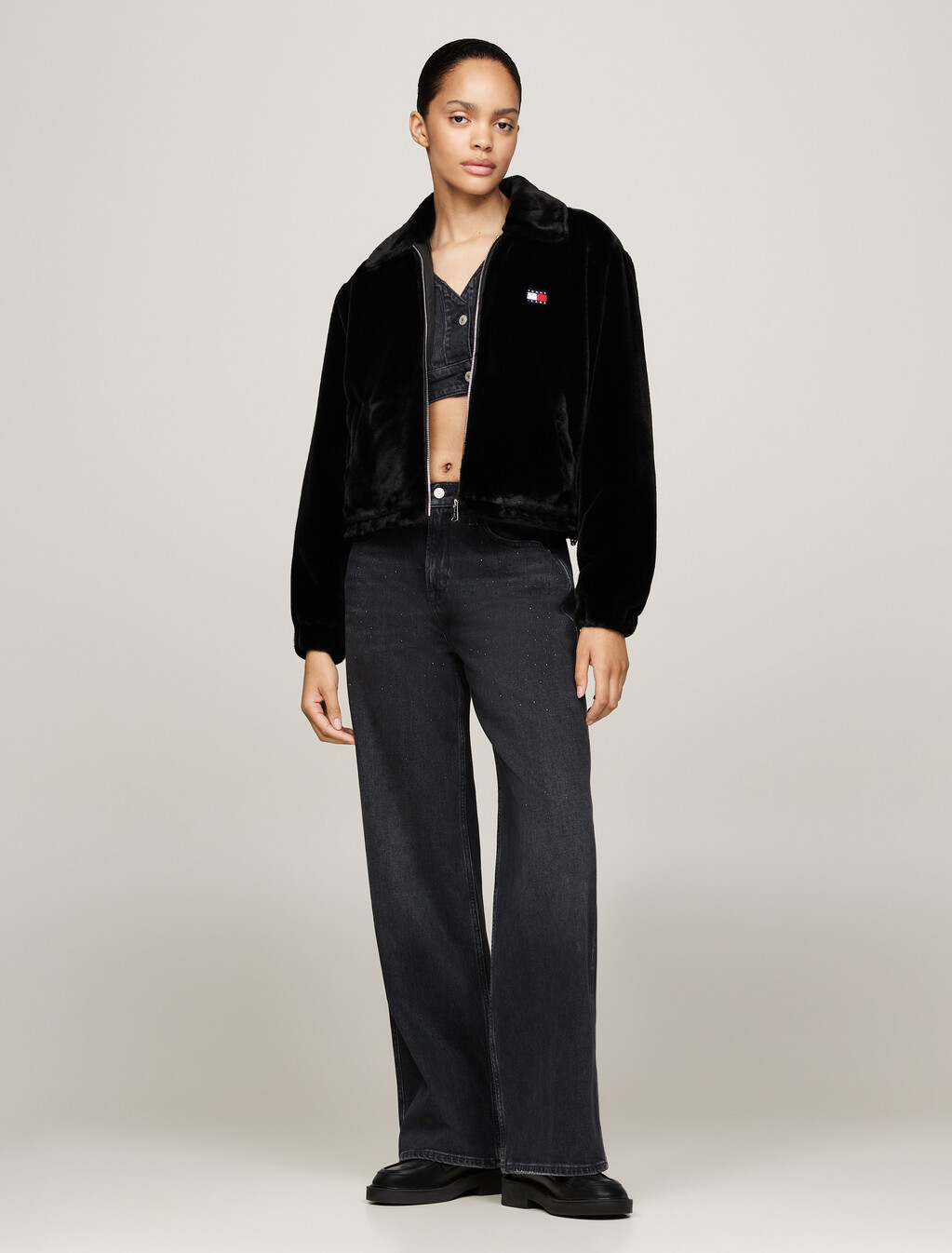 Faux Fur Zip-Thru Cropped Jacket, Black, hi-res