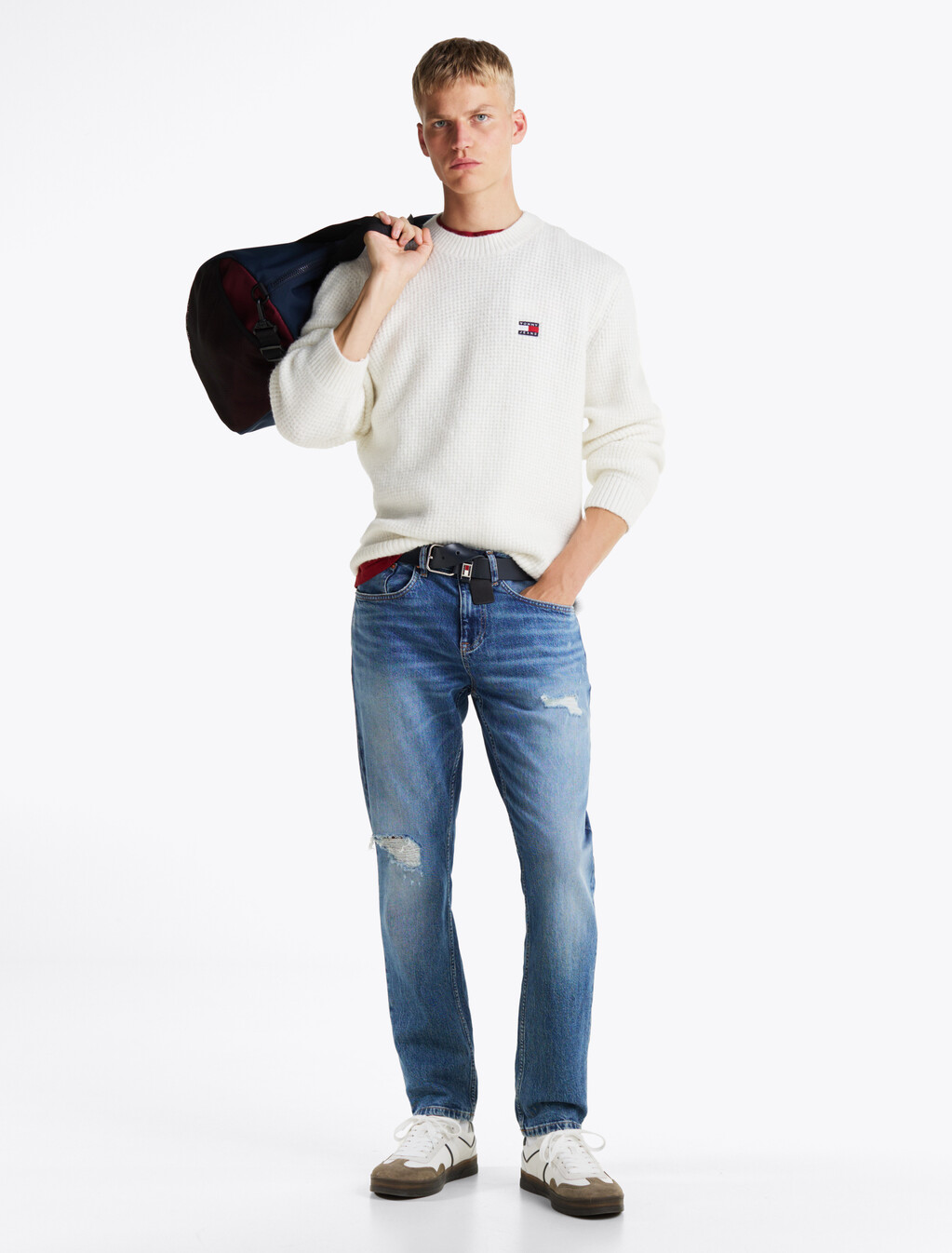 Waffle Knit Crew Neck Jumper With Wool, Ancient White Melange, hi-res