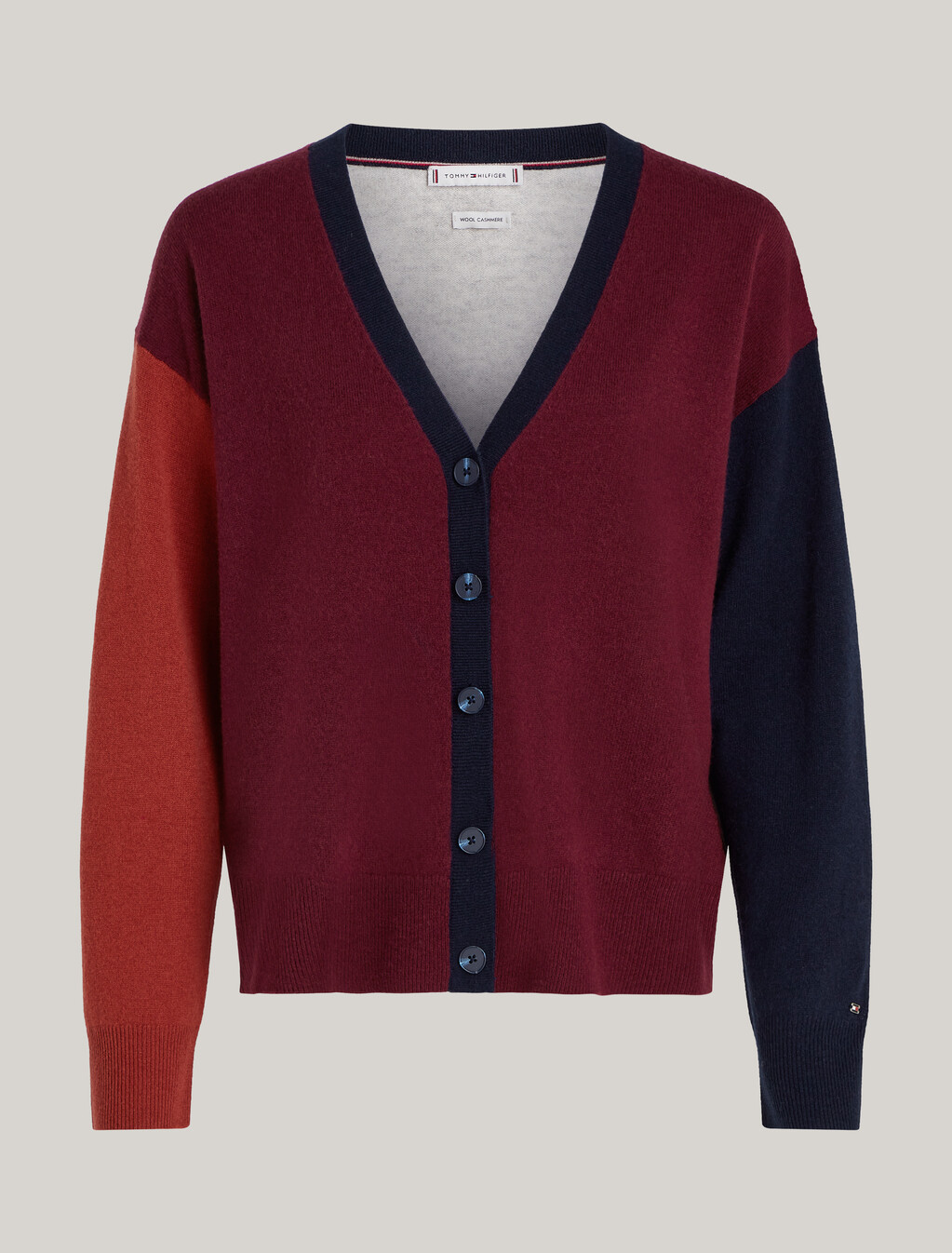 Colour-Blocked Cardigan With Cashmere, Deep Rouge, hi-res