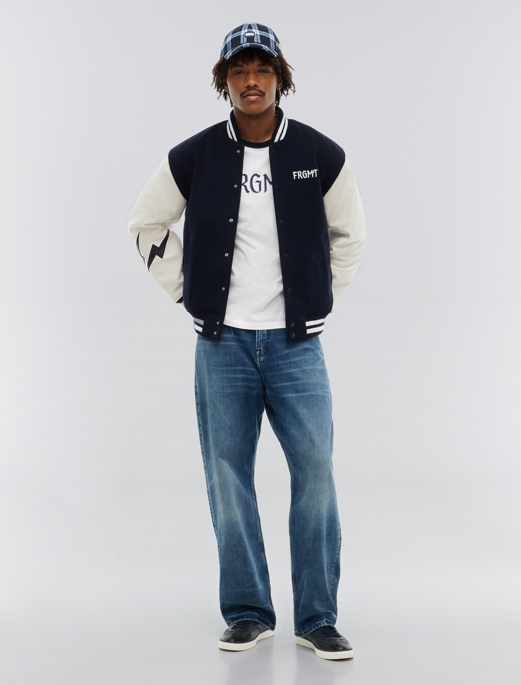 Tommy Hilfiger x FRGMT Pebble Grain Leather Varsity Jacket, Navy Blue / Ecru, hi-res