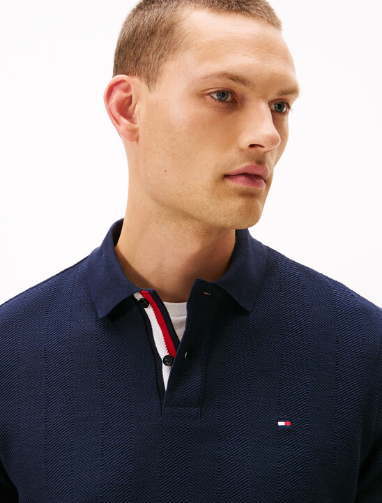 人字紋提花圖案長袖 Polo 衫