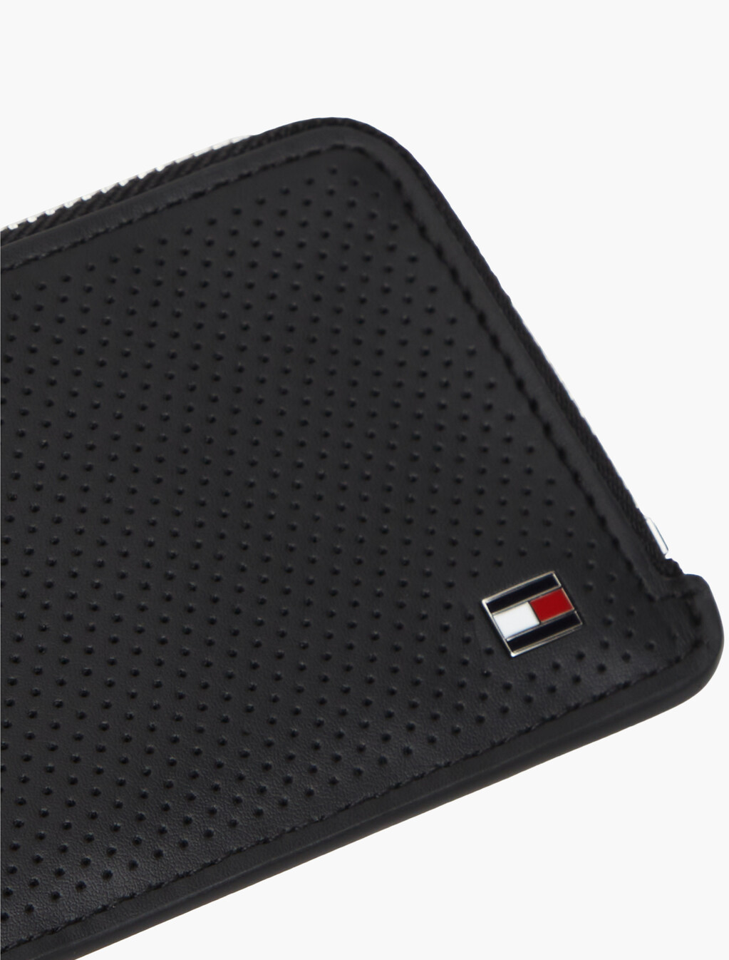 Perforated Leather Zip-Around Wallet, Black, hi-res