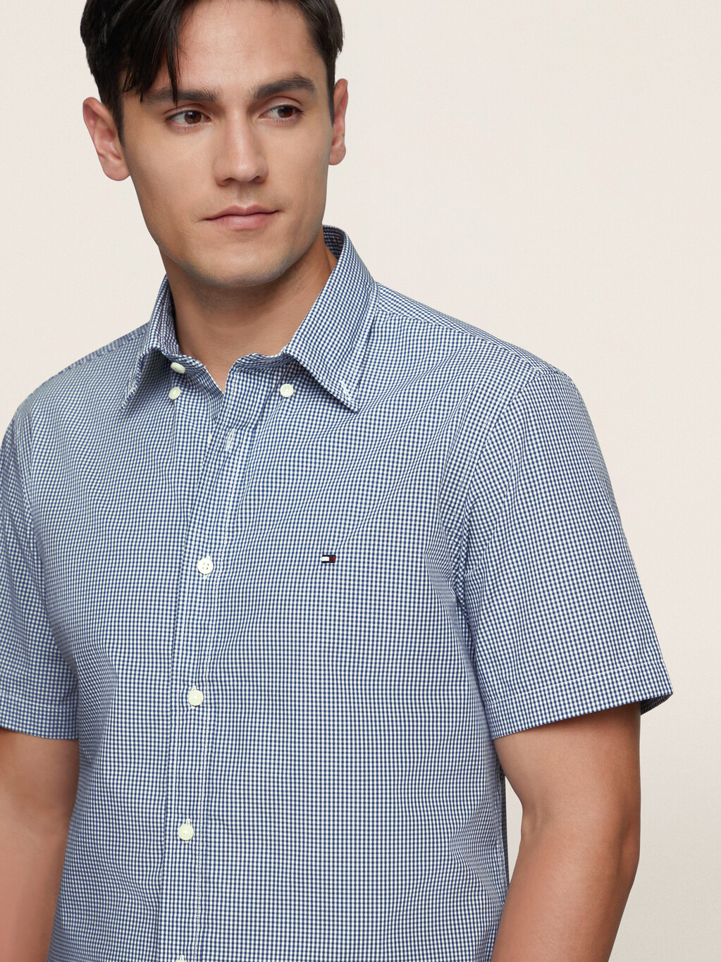 Micro Gingham Check Button Down Short Sleeve Shirt, Blue Check, hi-res