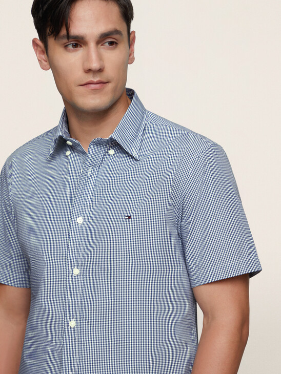 Micro Gingham Check Button Down Short Sleeve Shirt