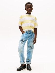 Flag Embroidery Crew Neck T-Shirt, Citronella White Stripe, hi-res
