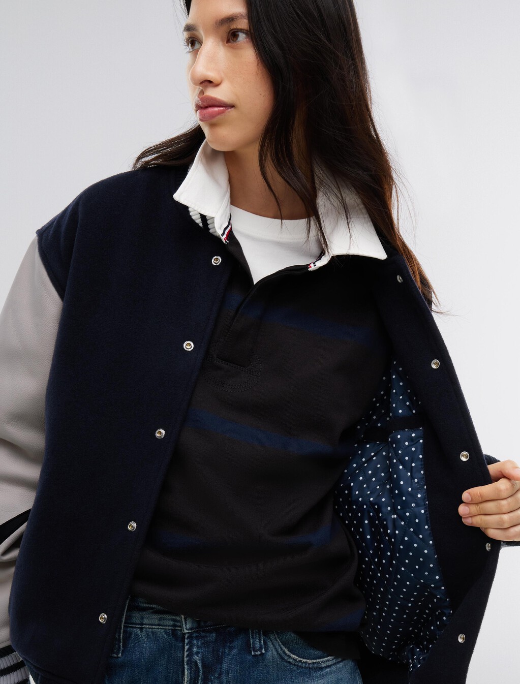 Tommy Hilfiger x FRGMT Pebble Grain Leather Varsity Jacket, Navy Blue / Ecru, hi-res