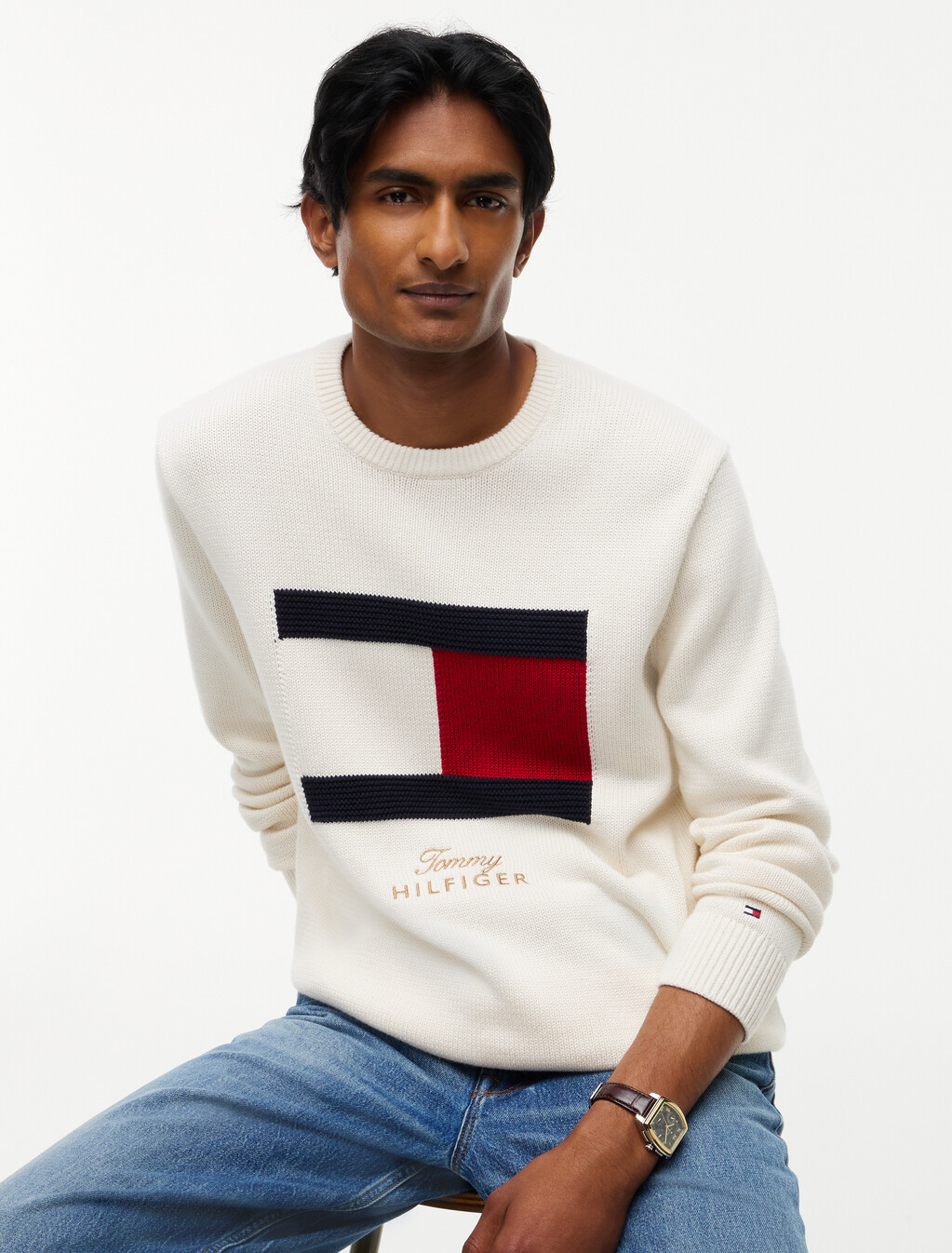 Intarsia Flag Crew Neck Jumper, Ivory Petal, hi-res