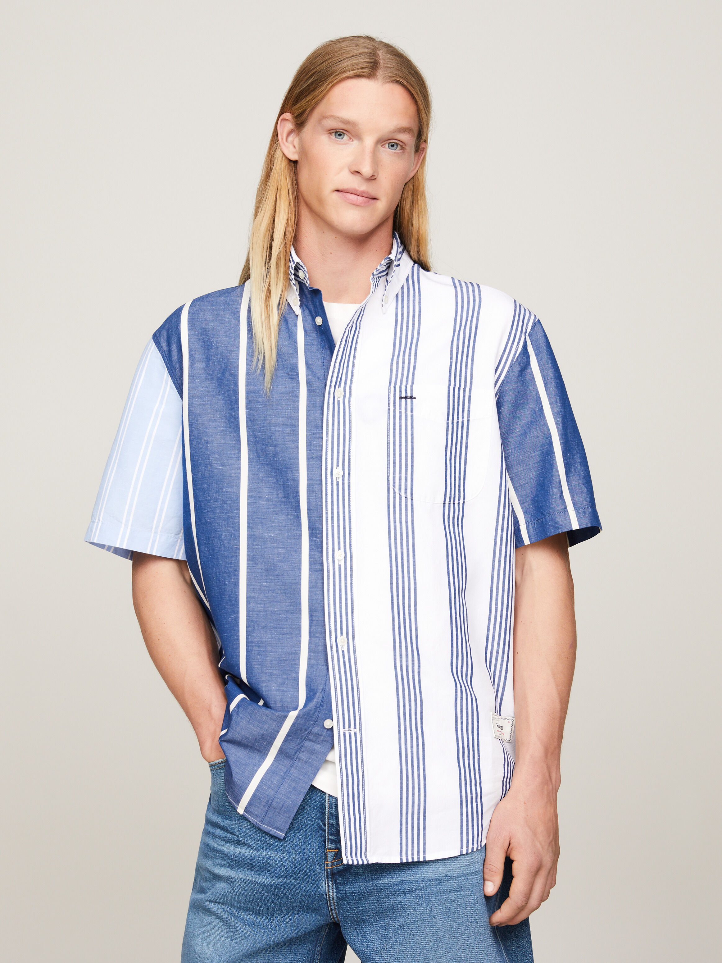 撞色條紋常規短袖襯衫 Anchor Blue / Multi