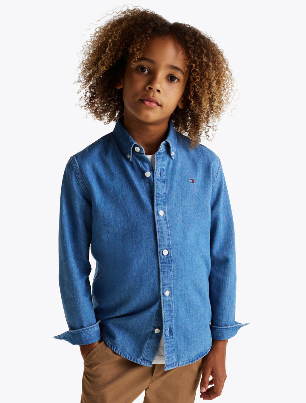 Chambray Denim Shirt, Denim Medium Wash, hi-res