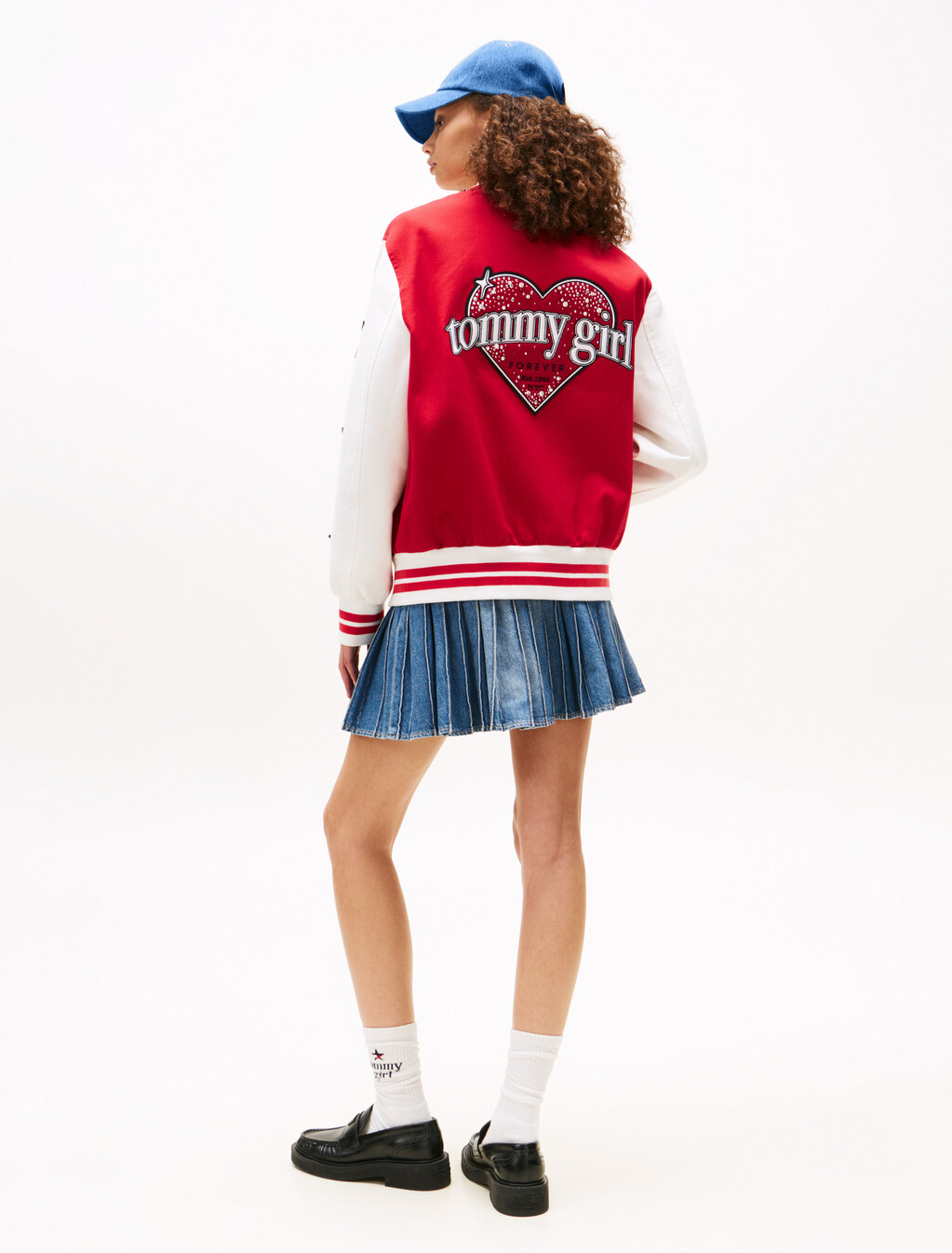 Tommy Girl 後背標誌超寬鬆棒球外套, Primary Red / Ecru, hi-res