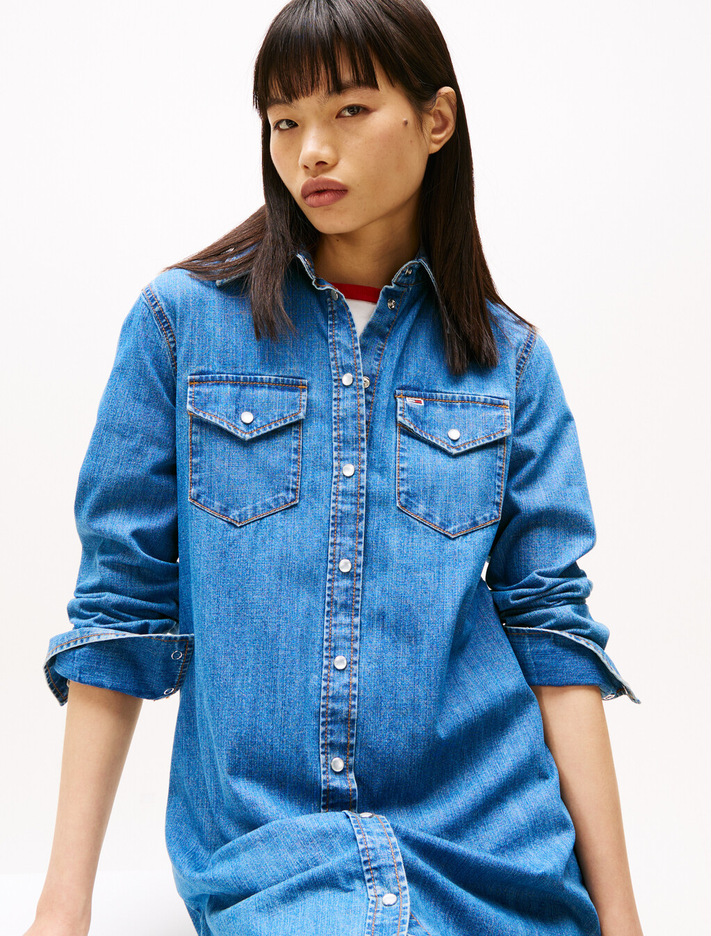 牛仔迷你襯衫洋裝, Denim Medium, hi-res